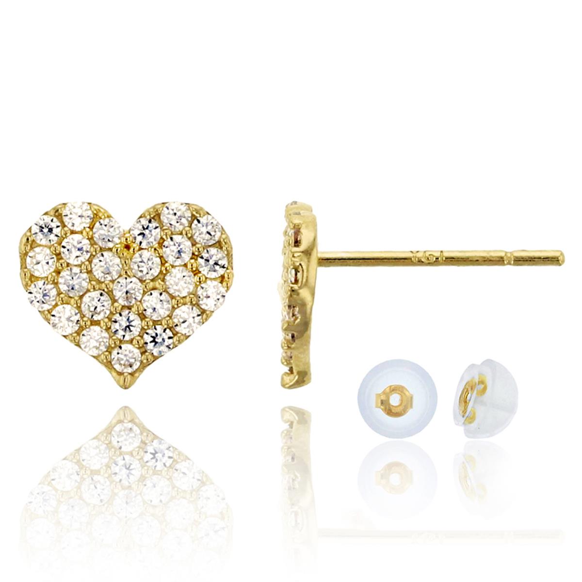 10K Yellow Gold Micropave Heart CZ Stud Earrings with Bubble Silicone Backs