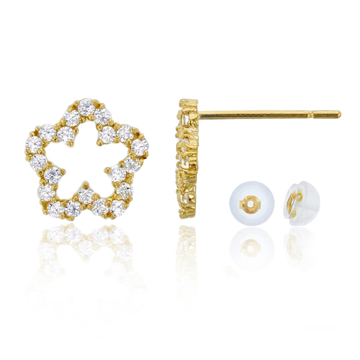 10K Yellow Gold Micropave Open Flower CZ Stud Earring with Bubble Silicone Backs