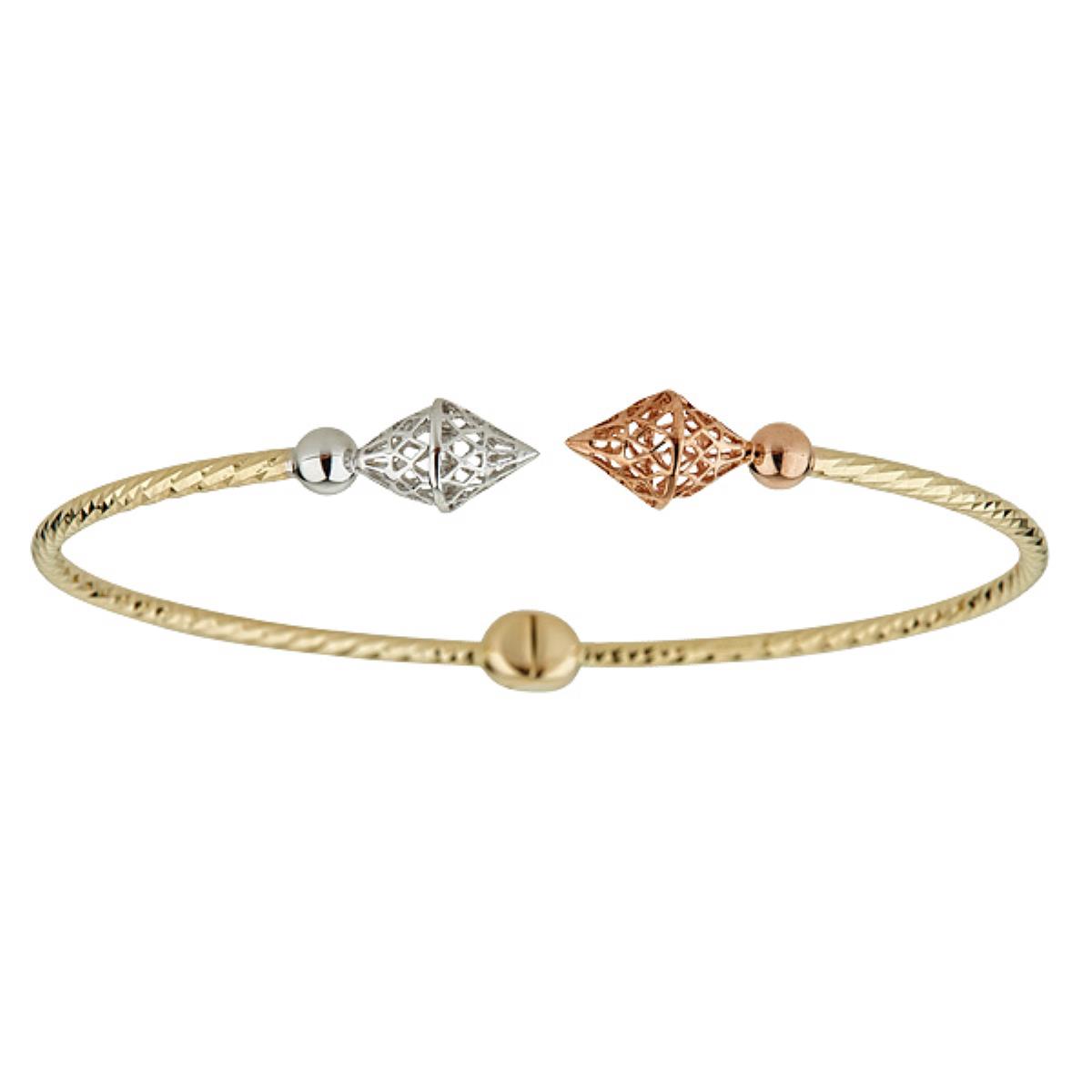 10K Tri-color Diamond Cut Filigree Diamond Bangle 