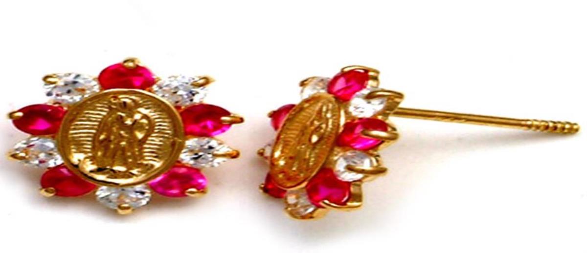10K Yellow Gold 8x10mm Micropave Clear and Red Ruby CZ Religious Stud Earrings & 10K Silicone Back