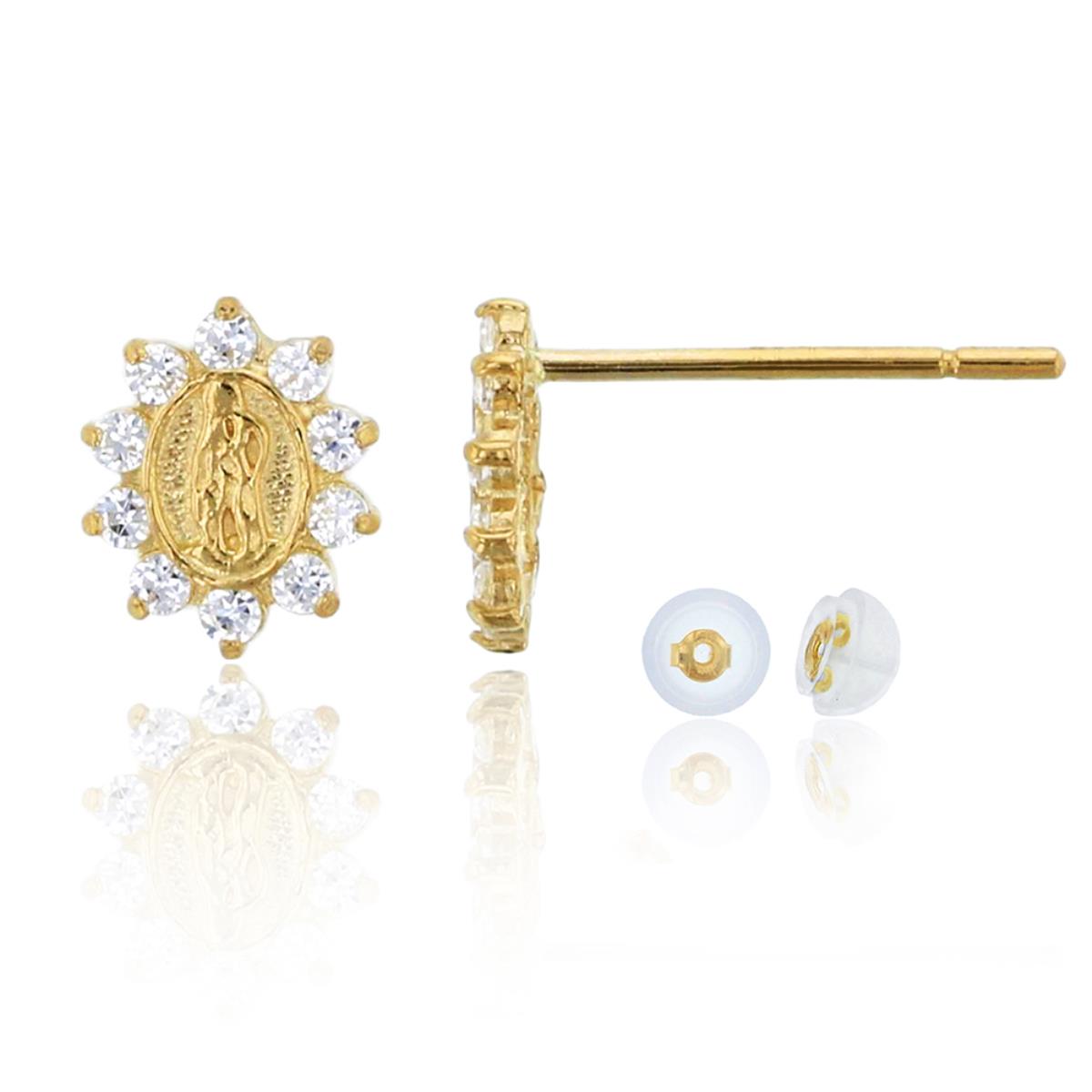 10K Yellow Gold Micropave Religious CZ Stud Earring & 10K Silicone Back