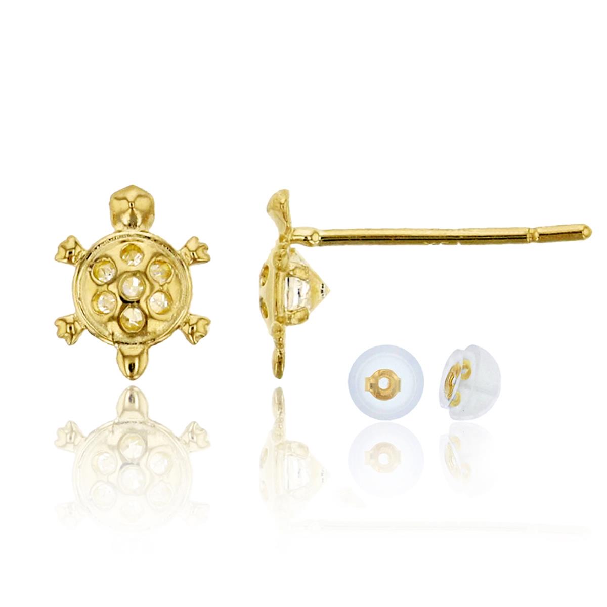 10K Yellow Gold Micropave Small Turtle CZ Stud Earrings with Bubble Silicone Backs