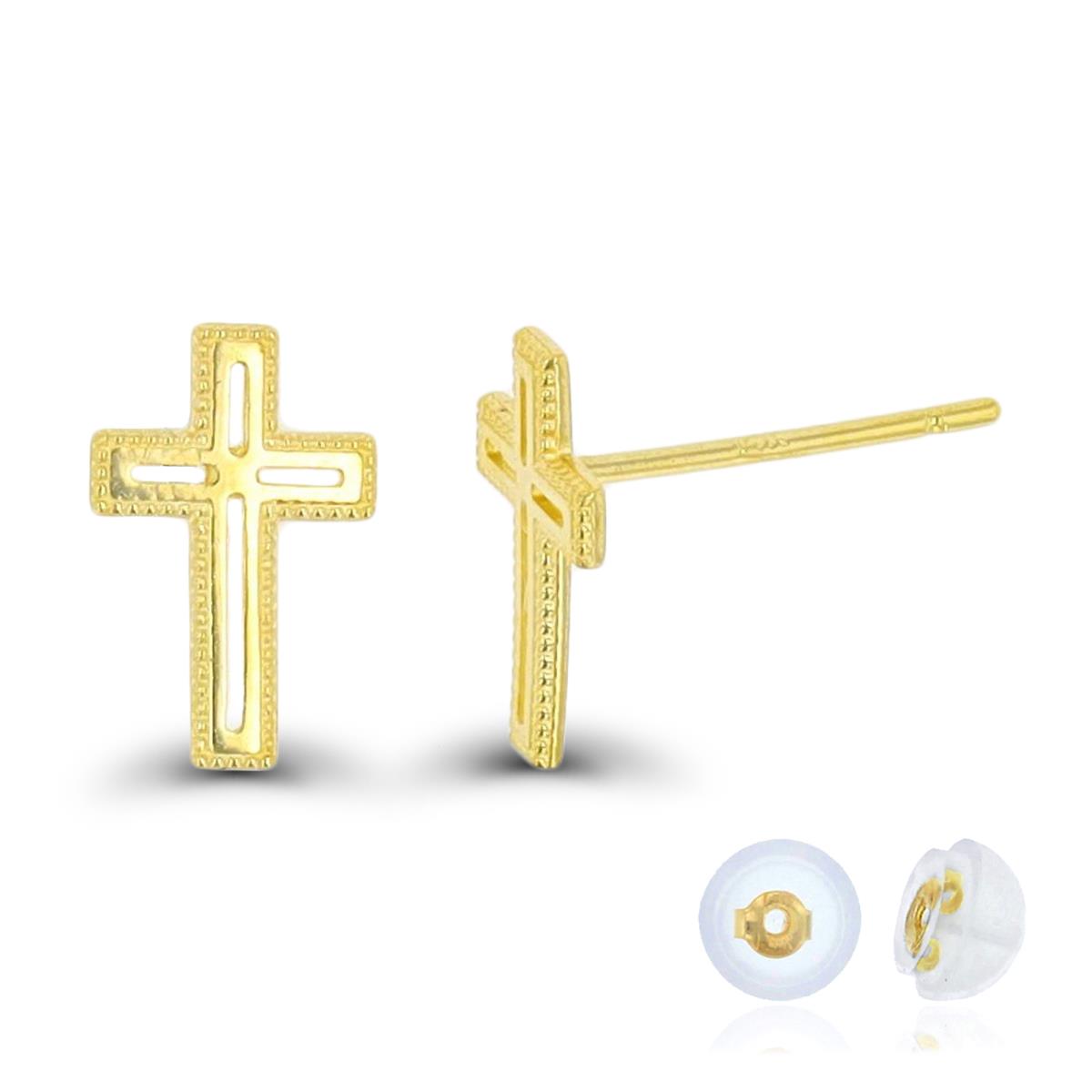 10K Yellow Gold Milgrain Cross Stud Earrings with Bubble Silicone Backs