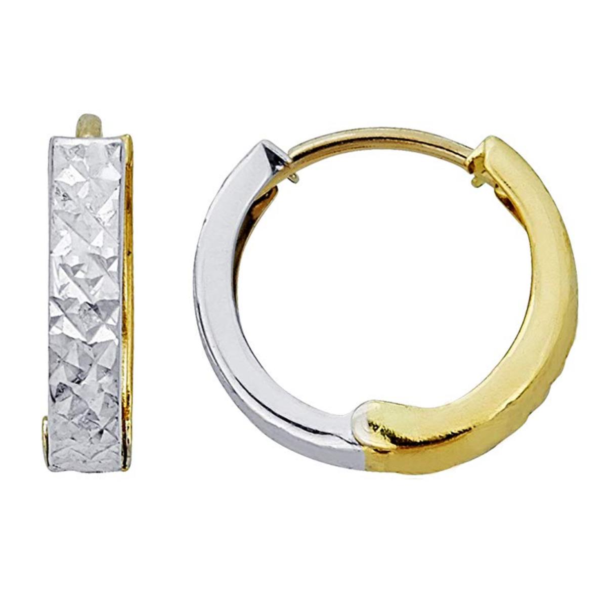 10K Two-Tone Gold Reversible Diamond Cut 2.10x10.00mm Huggie Earring
