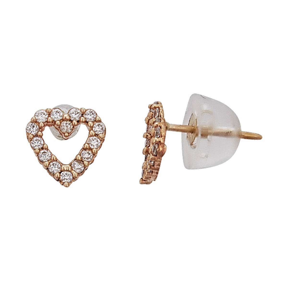 10K Yellow Gold Micropave Open Heart Stud Earrings with Bubble Silicone Backs