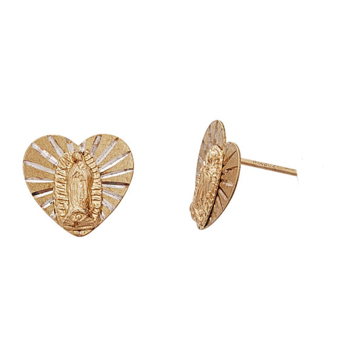 10K Yellow Gold Textured Heart Virgin Mary Stud Earrings with Bubble Silicone Backs
