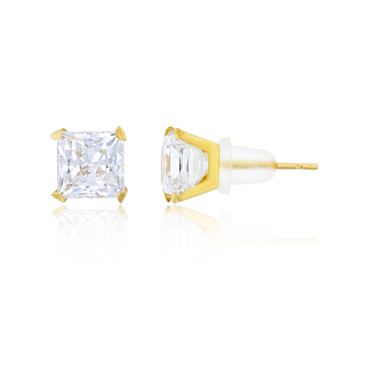 14K Yellow Gold 6.00mm 4-Prong Princess Cut Solitaire Stud & 14K Silicone Back