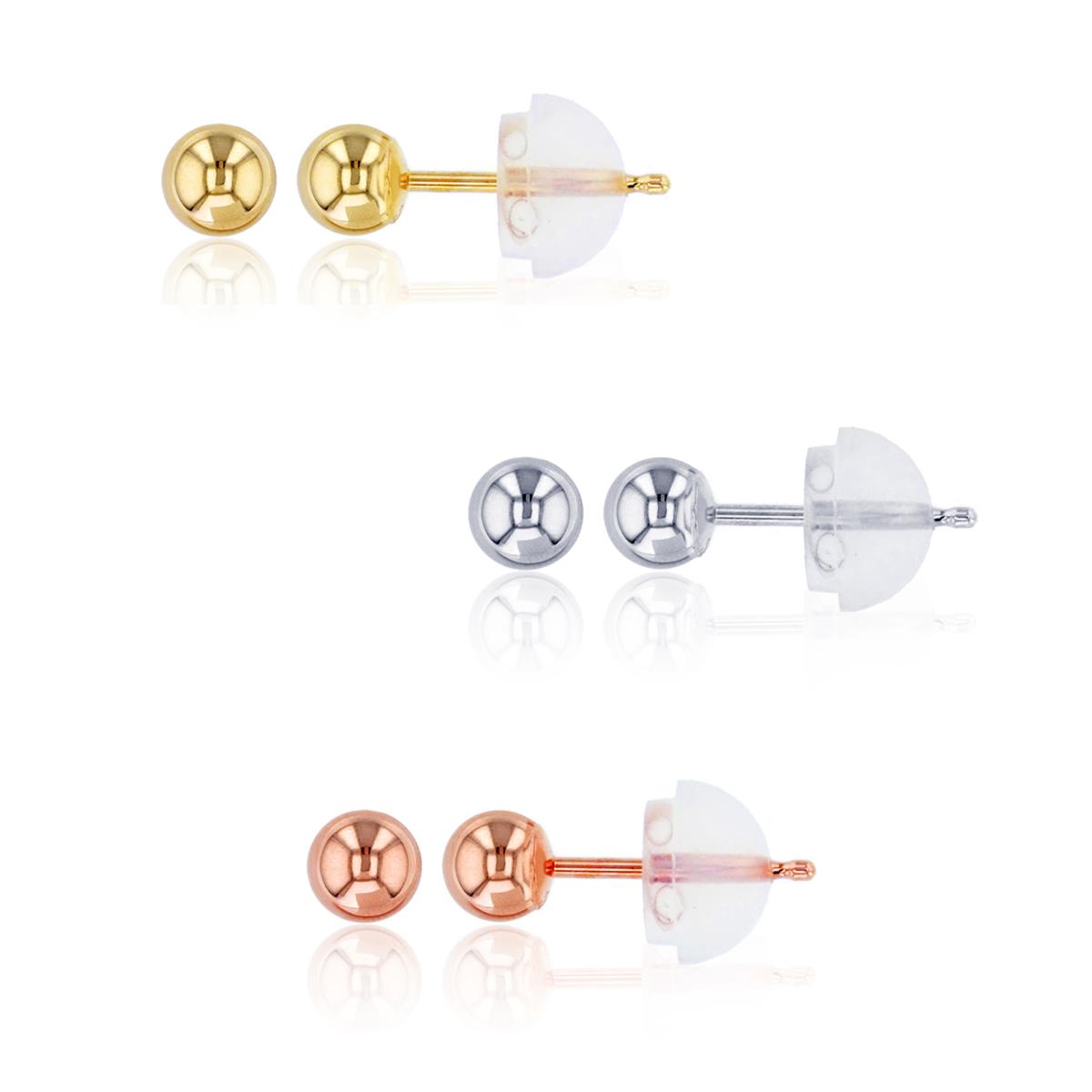 14K Tricolor 4MM YWR Ball Earring Stud Set with Silicone Backs