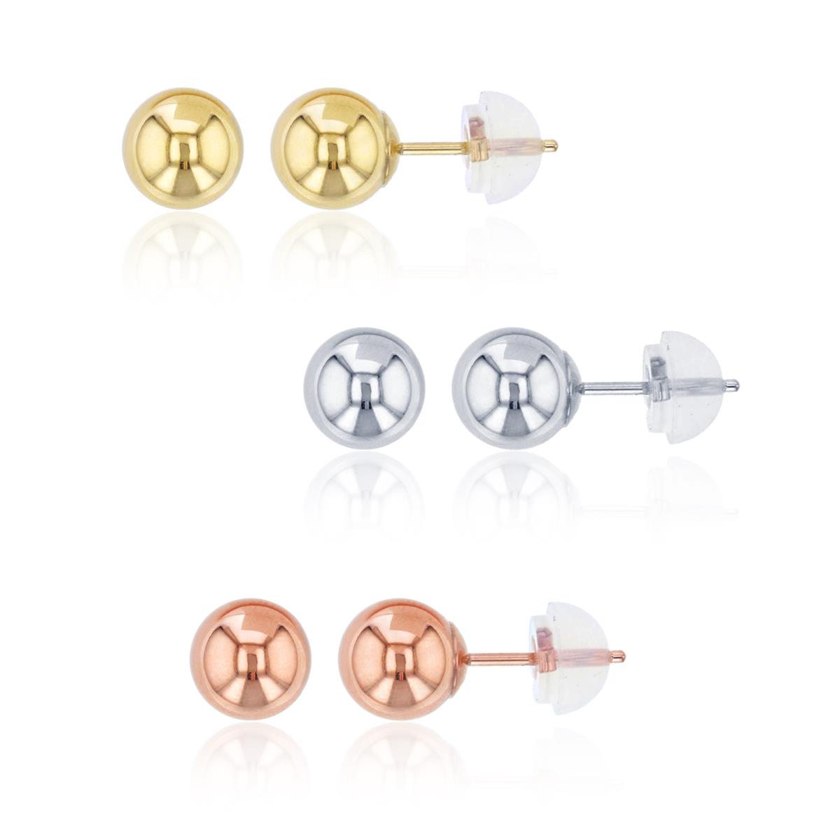 14K Gold Tricolor WYR 6.00MM Ball Stud Earring Set with 14K Silicone Backs