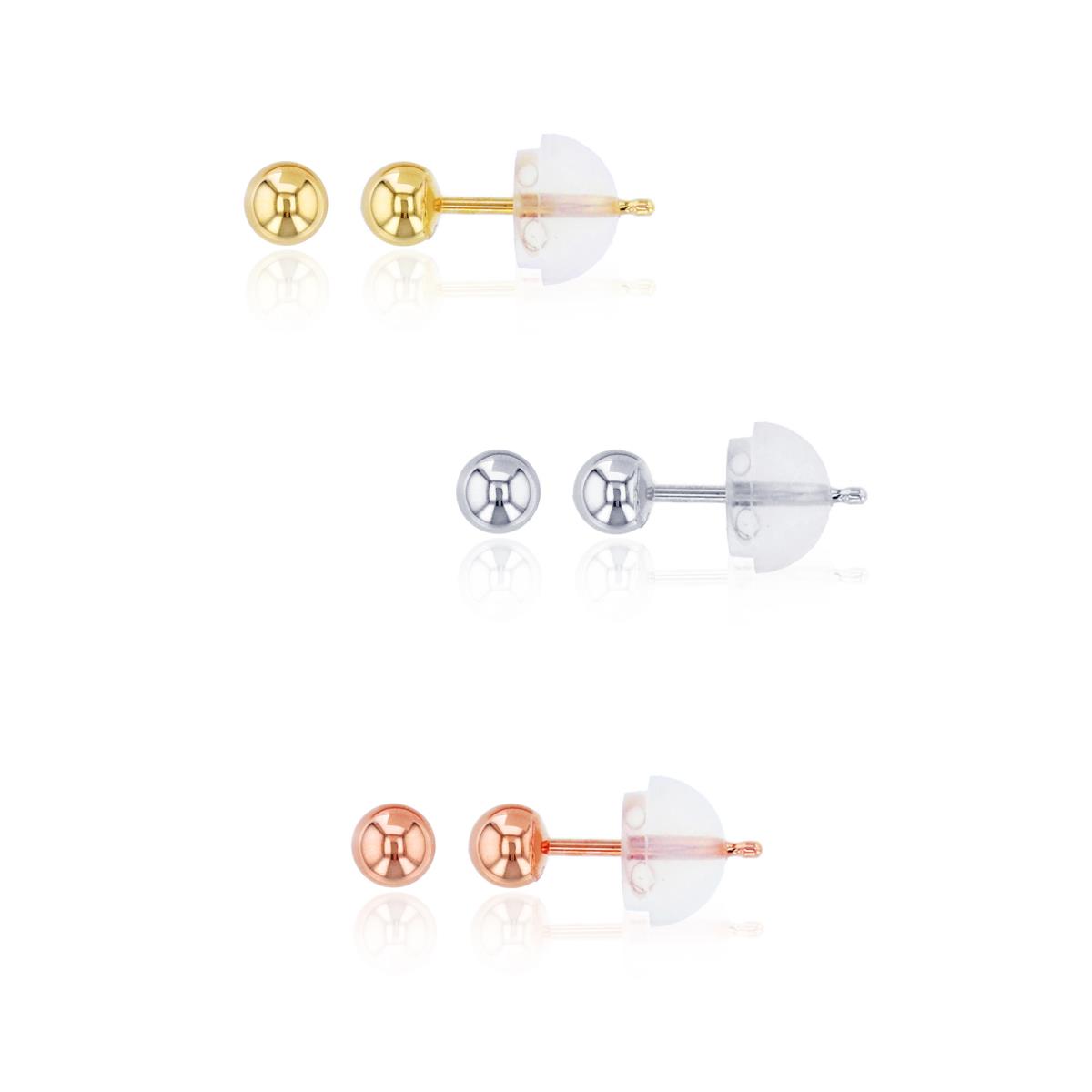 14K Gold Tricolor WYR 3MM Tricolor Ball Stud Earring Set with Gold Silicone backs