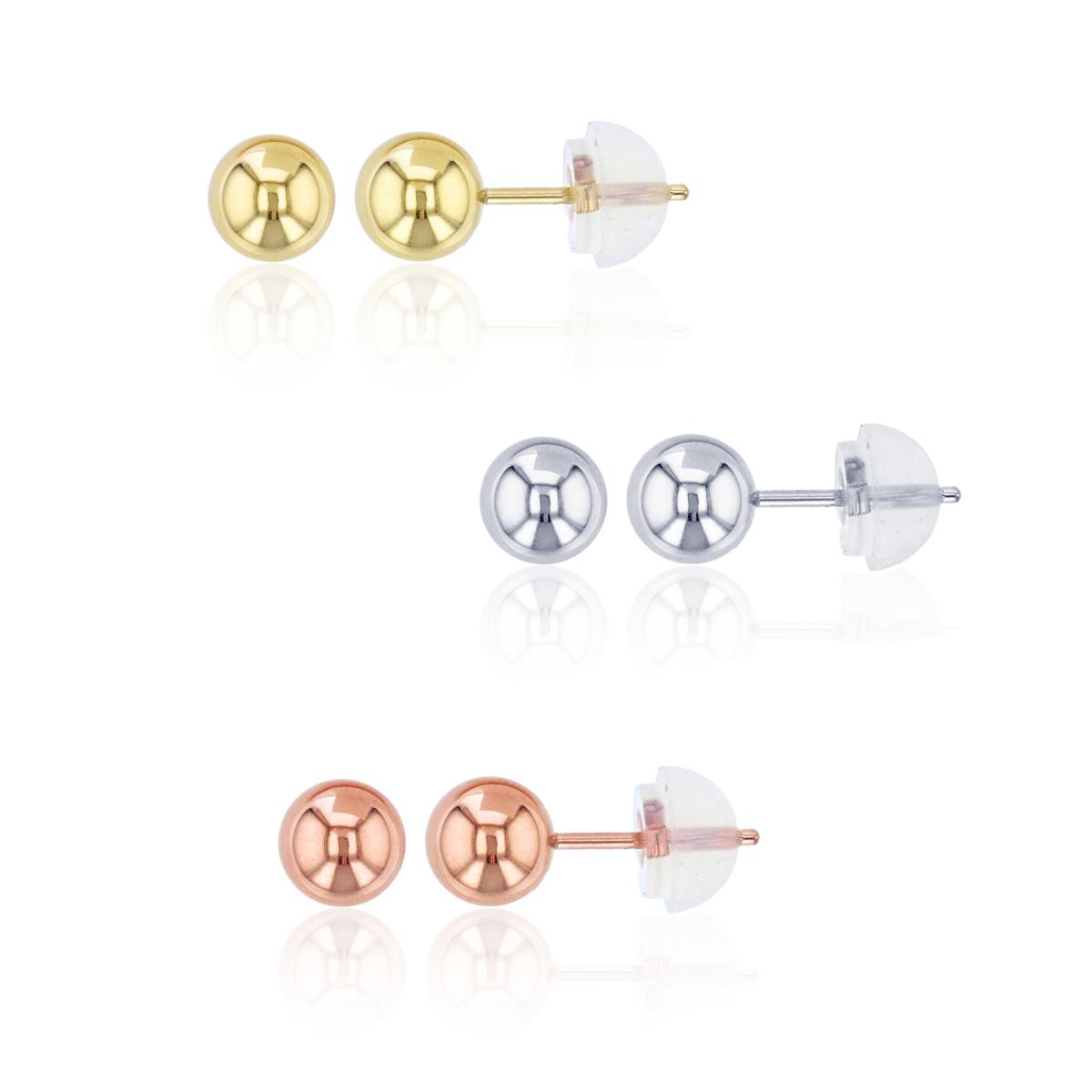 14K Gold Tricolor WYR 5MM Ball Stud Earring Set with 14K Silicone Backs 