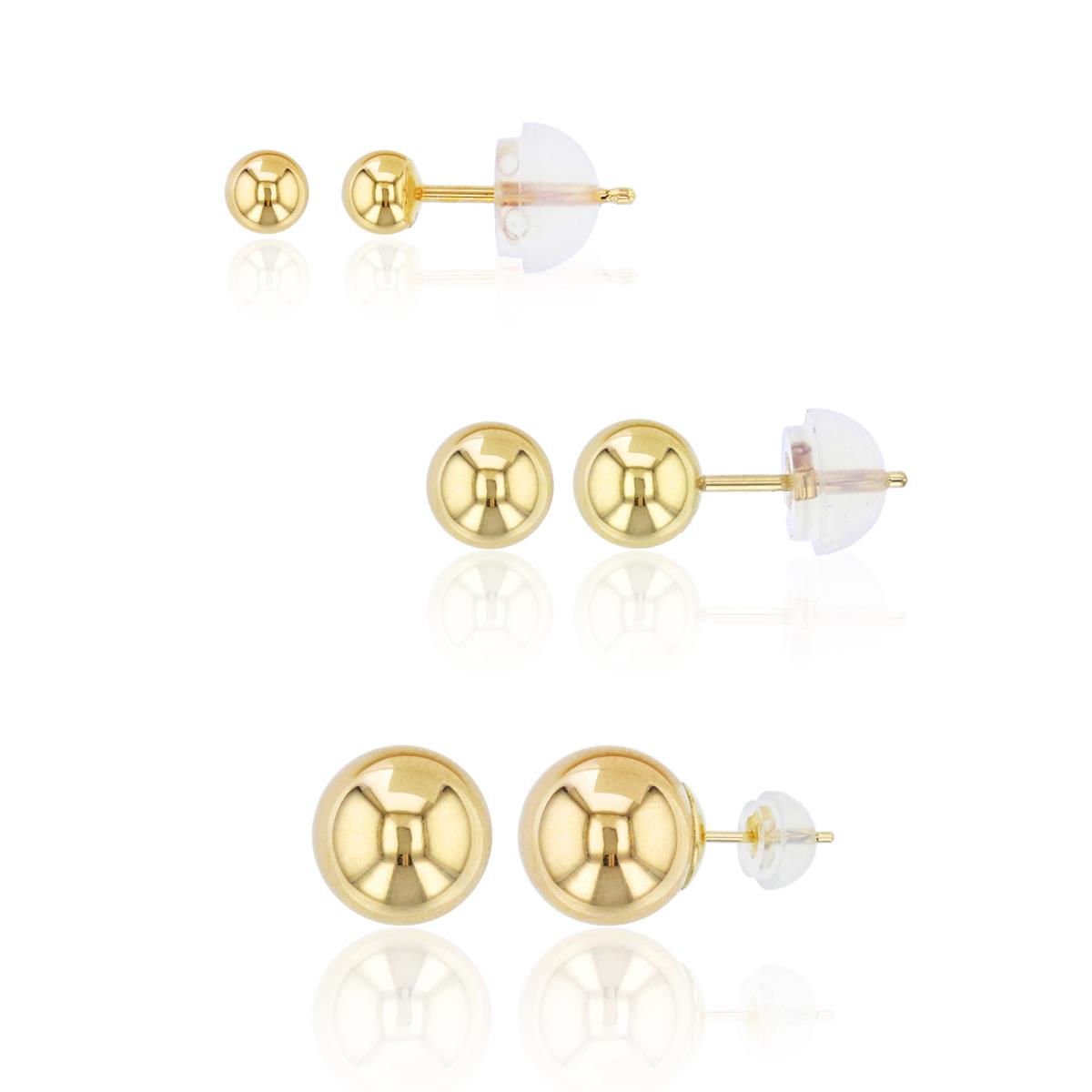 14K Gold Yellow 3,5,7MM Ball Stud Set with 14K Silicone Backs
