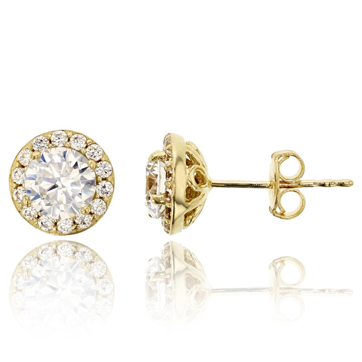 14K Yellow Gold Micropave 5.00mm Round Cut CZ Halo Stud Earrings with Push Backs