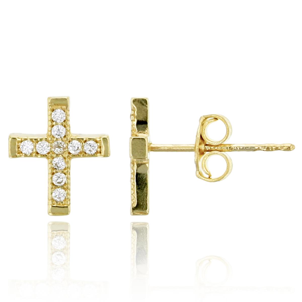 14K Yellow Gold Micropave 7.30x8.50mm Cross Stud Earrings with Push Backs