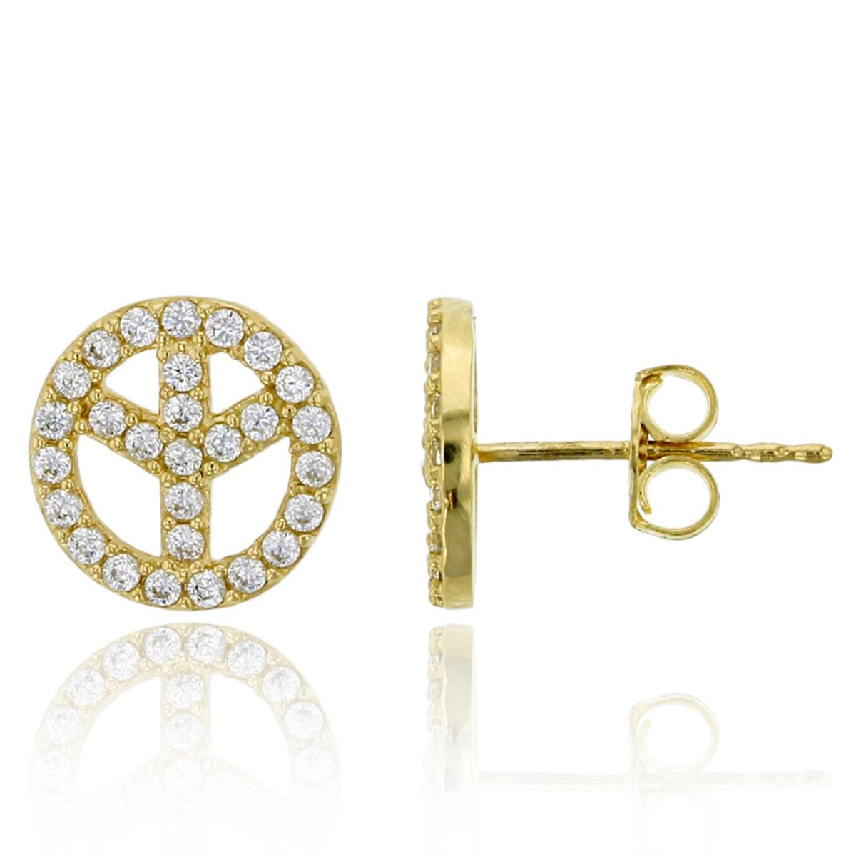 14K Yellow Gold Micropave Peace Sign Stud Earrings with Push Backs