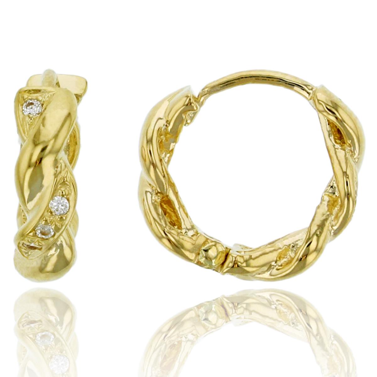 14K Yellow Gold Micropave 3.00x10.00mm Twisted Huggie Earrings