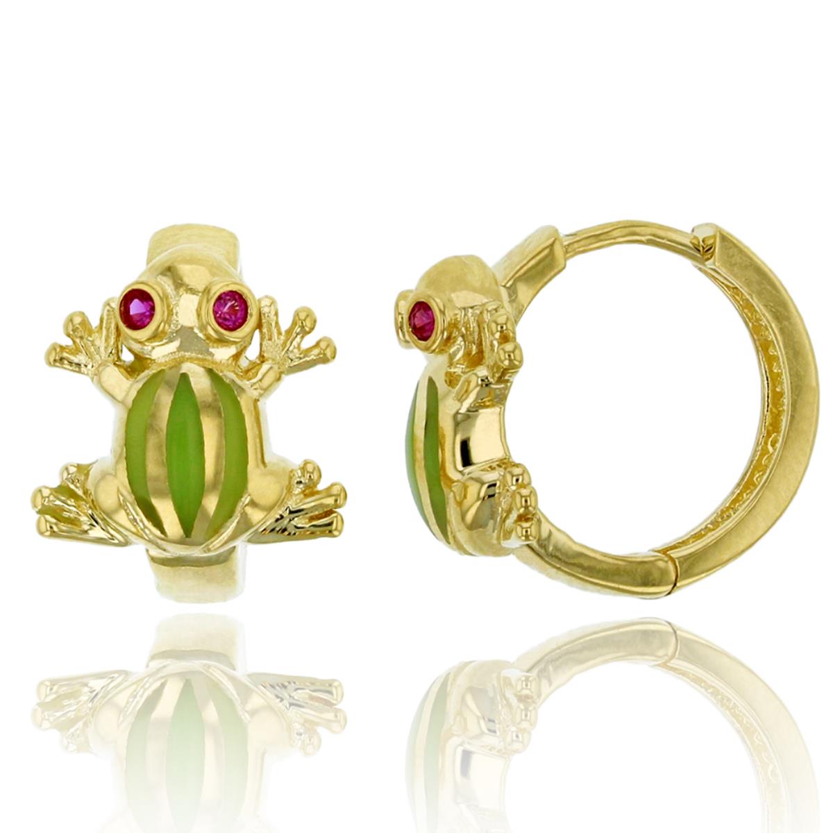 14K Yellow Gold Micropave Ruby Red CZ Frog Huggie Earrings