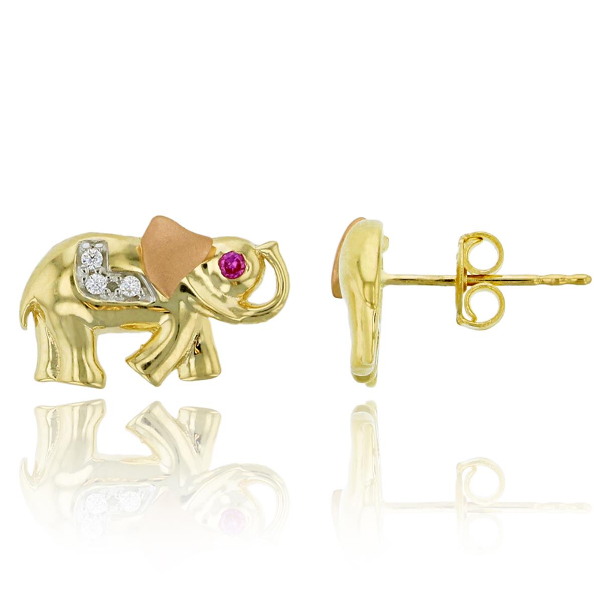 14K Yellow and Rose Gold Micropave Red Ruby and Clear CZ Elephant Stud Earrings with Push Backs
