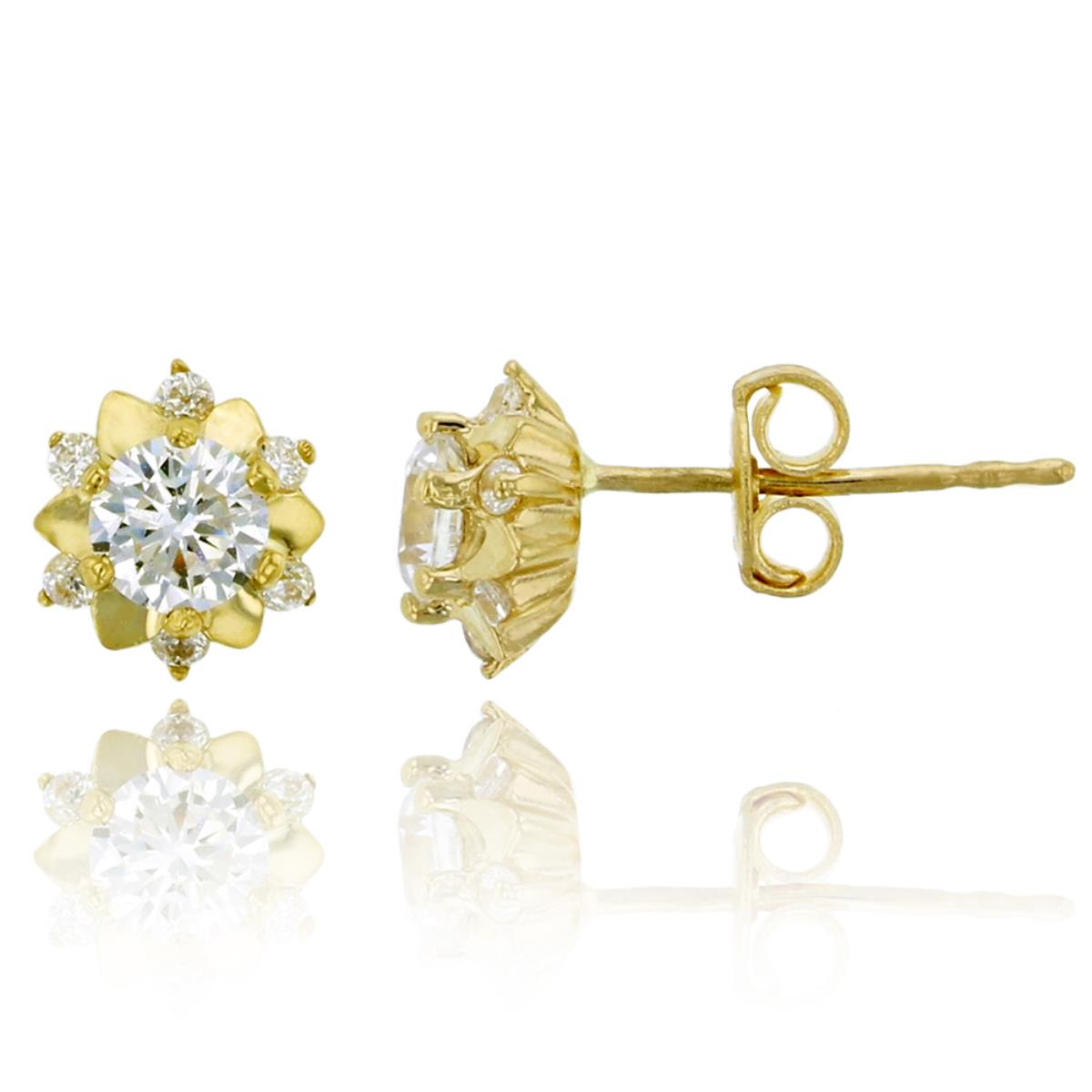 14K Yellow Gold Micropave Round Cut Flower Stud Earrings with Push Backs