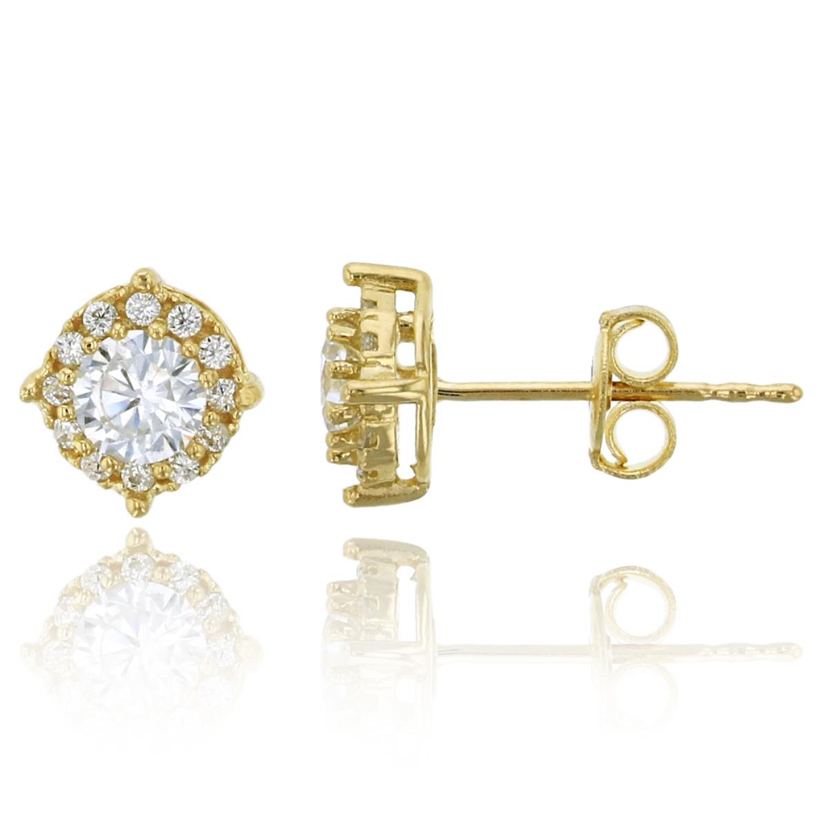 14K Yellow Gold Micropave Round Cut Halo Stud Earrings with Push Backs