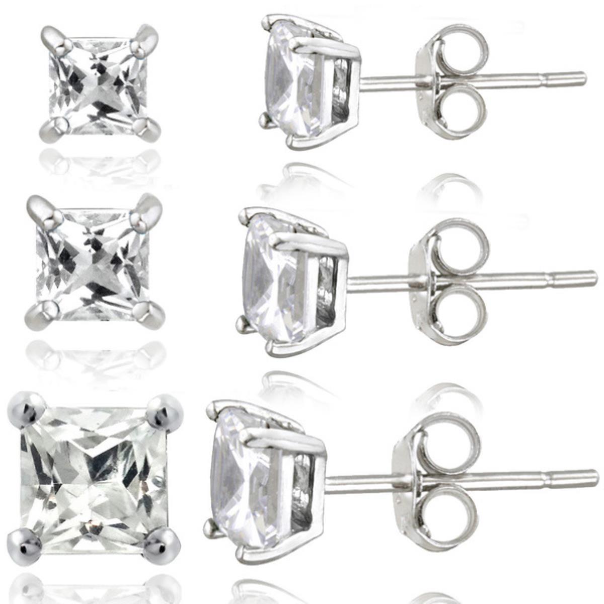 Sterling Silver Rhodium 3,4,5MM Square Solitaire Stud Earring Set