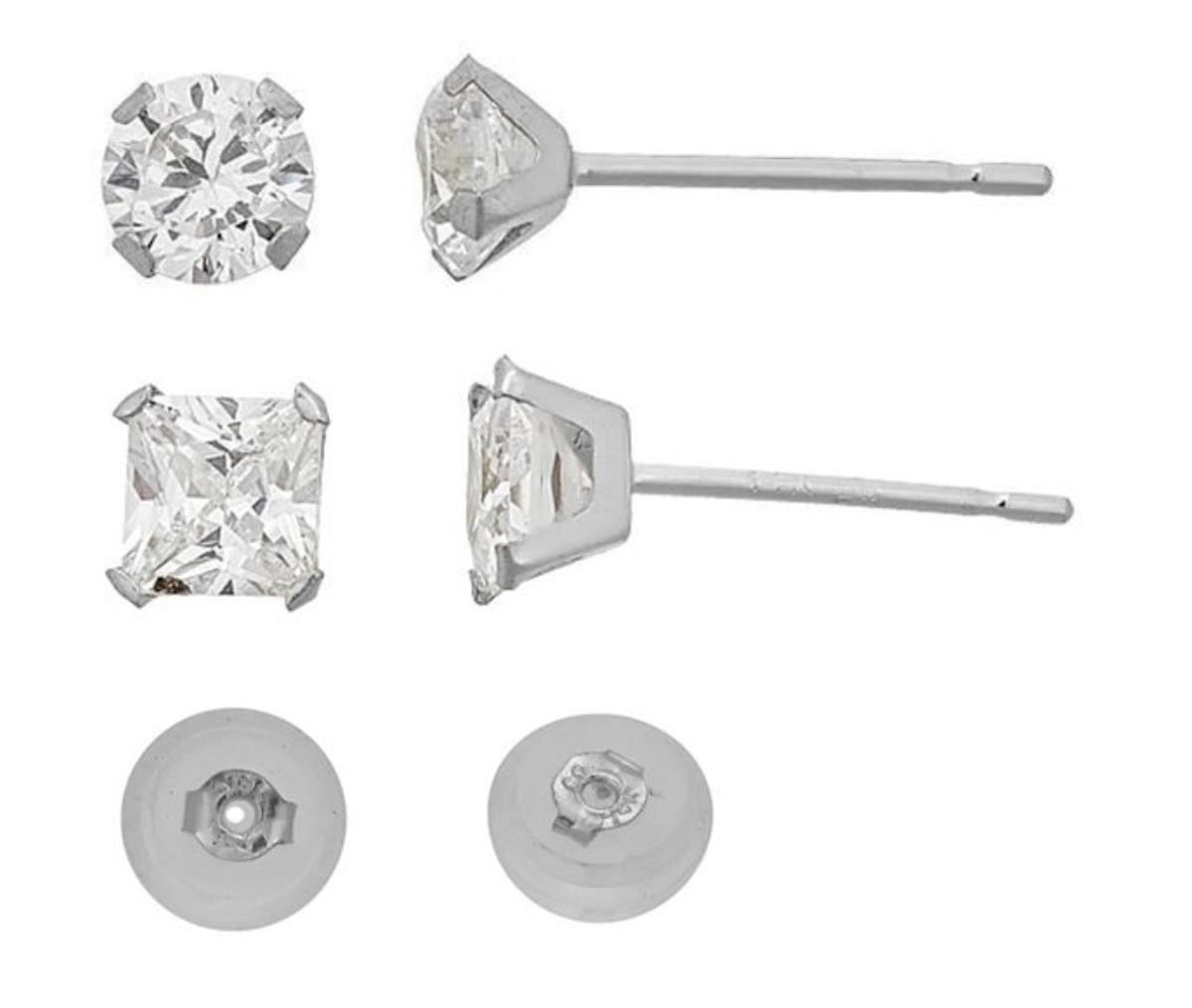 10K White Gold 4.00mm AAA Round and Square Martini Solitaire Stud Set