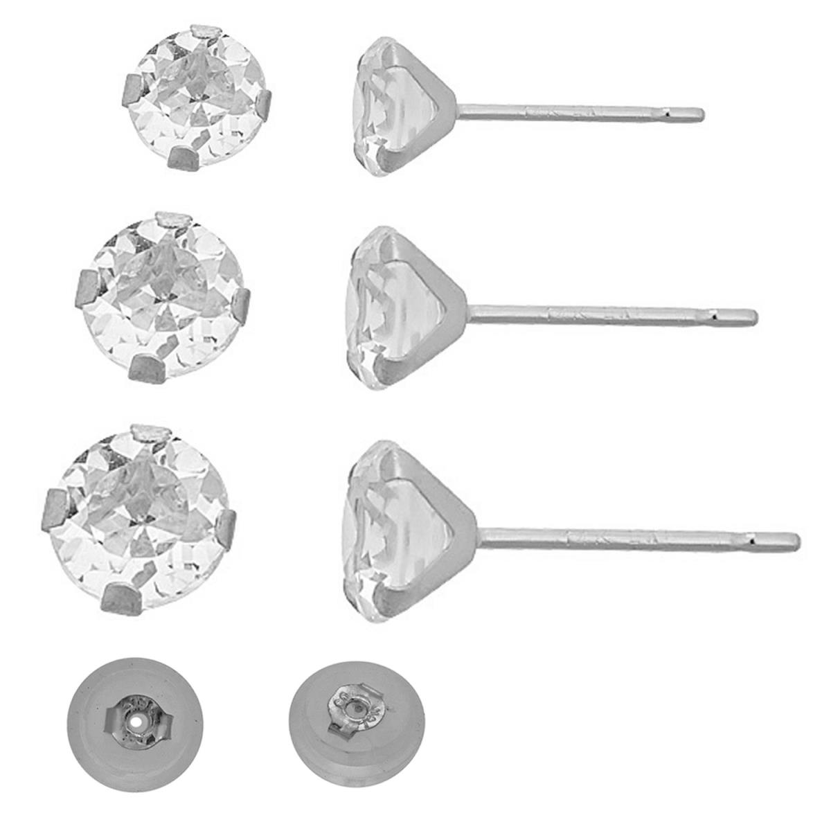 10K White Gold 3,4,5 mm AAA Round Martini Solitaire Stud Set