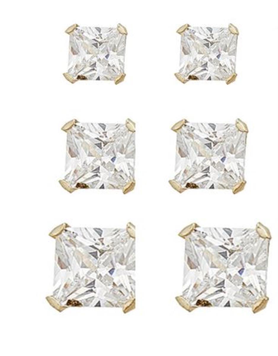 10K Yellow Gold 2.50,3.50,4.50mm AAA Square Snap Solitaire Stud Set (Set of 3)