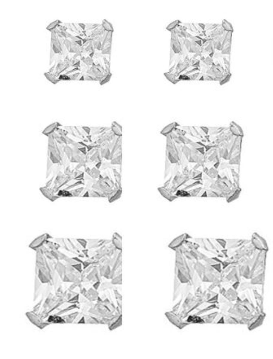 10K White Gold 2.50,3.50,4.50mm AAA Square Snap Solitaire Stud Set (Set of 3)