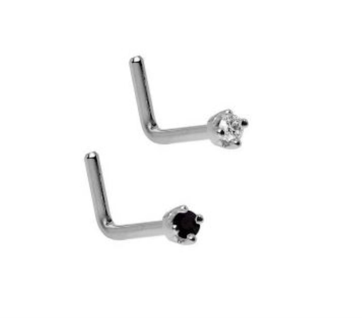 14K White Gold 2.50mm Round Cut Clear and Black CZ Curved Nose Wire Set (Set of 2)