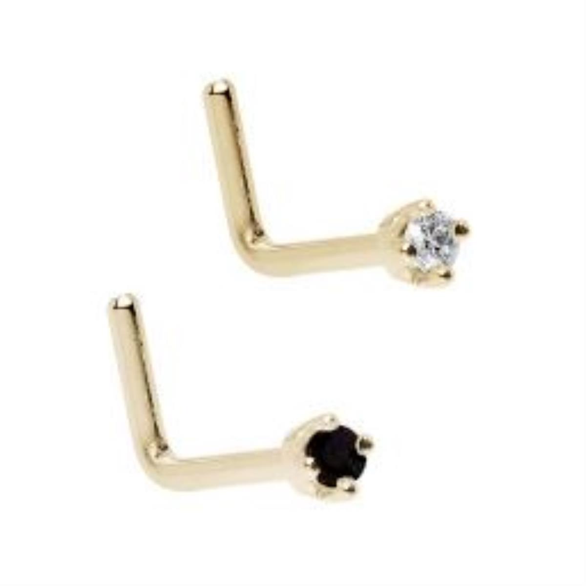 14K Yellow Gold 2.50mm Round Cut Clear and Black CZ Curved Nose Wire Set (Set of 2)