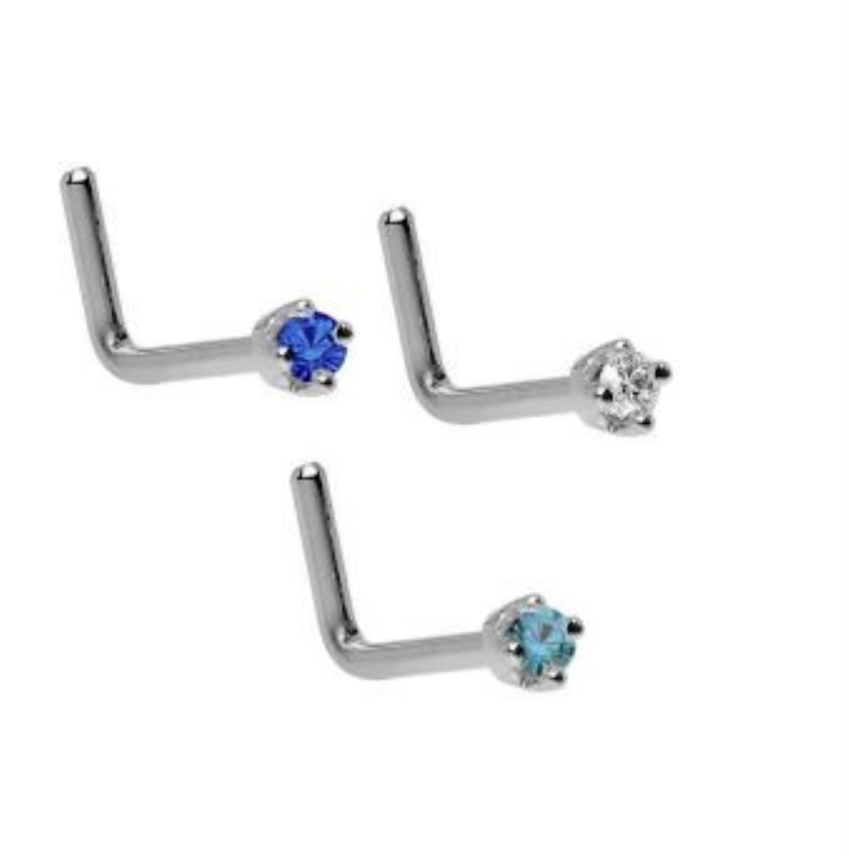14K White Gold 2.50mm Round Cut Clear, Mint Green and Fancy Blue CZ Curved Nose Wire Set (Set of 3)