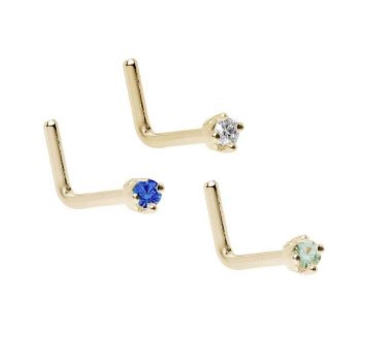 14K Yellow Gold 2.50mm Round Cut Clear, Mint Green and Fancy Blue CZ Curved Nose Wire Set (Set of 3)
