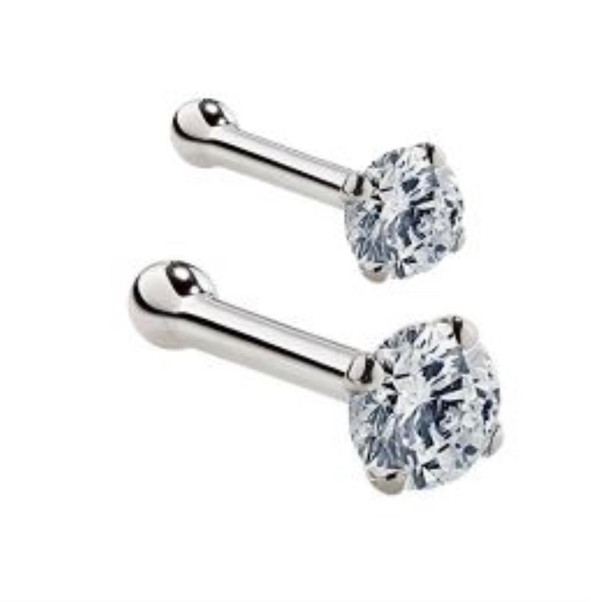 14K White Gold 1.50mm and 3.00mm Round Cut CZ Nose Wire with Ball Bead Set (Set of 2)