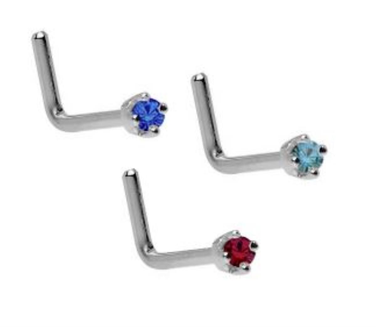 14K White Gold 2.00mm Round Cut Emerald Green and 1.50mm Sapphire Blue and Red Ruby CZ Curved Nose Wire Set (Set of 3)
