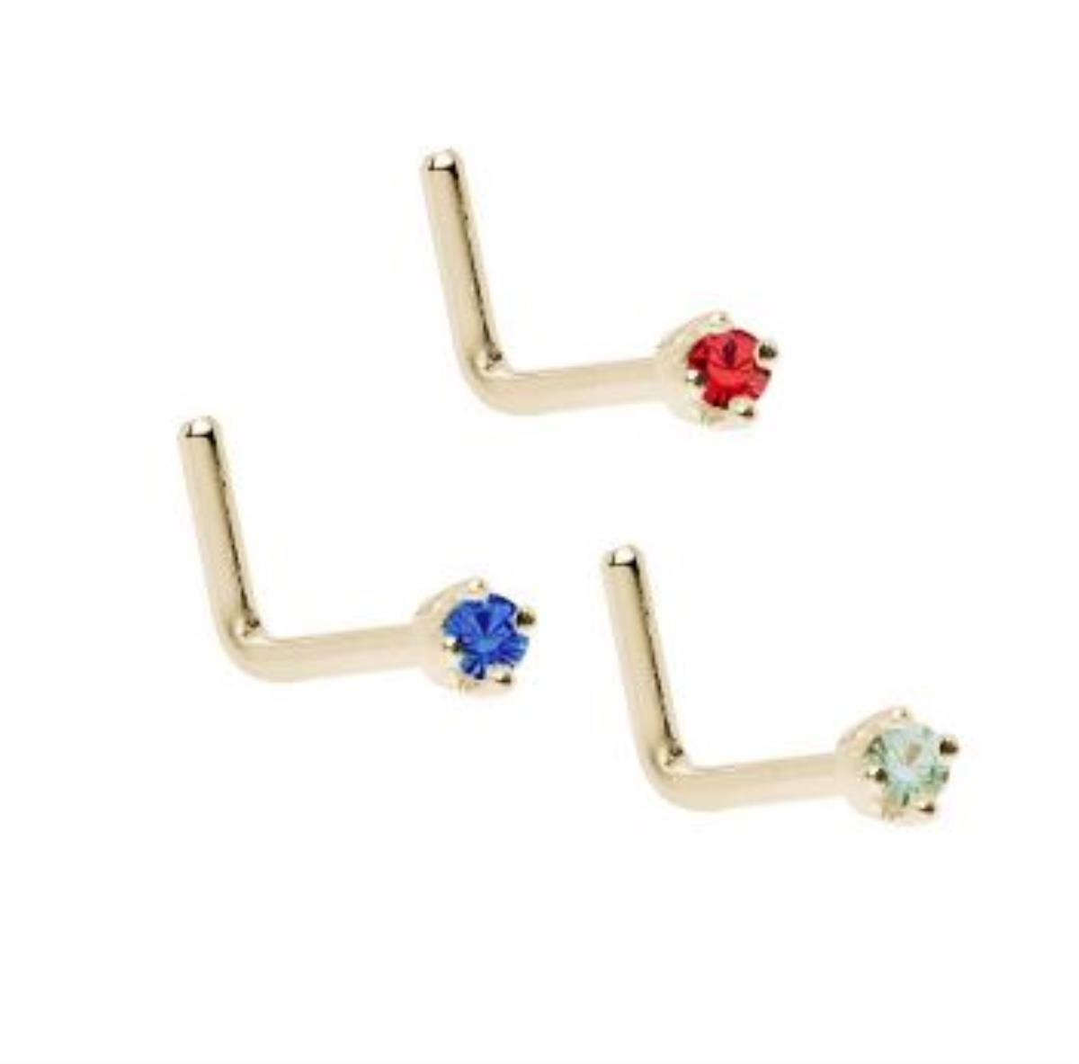 14K Yellow Gold 2.00mm Round Cut Emerald Green and 1.50mm Sapphire Blue and Red Ruby CZ Curved Nose Wire Set (Set of 3)