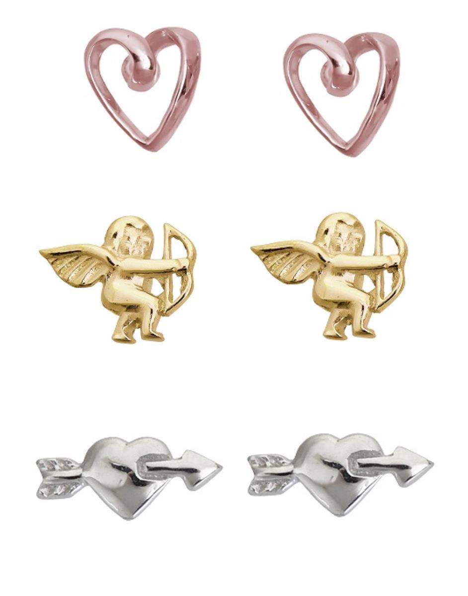 Sterling Silver Tri-color Cupid Heart 3-Pairs Stud Earring Set