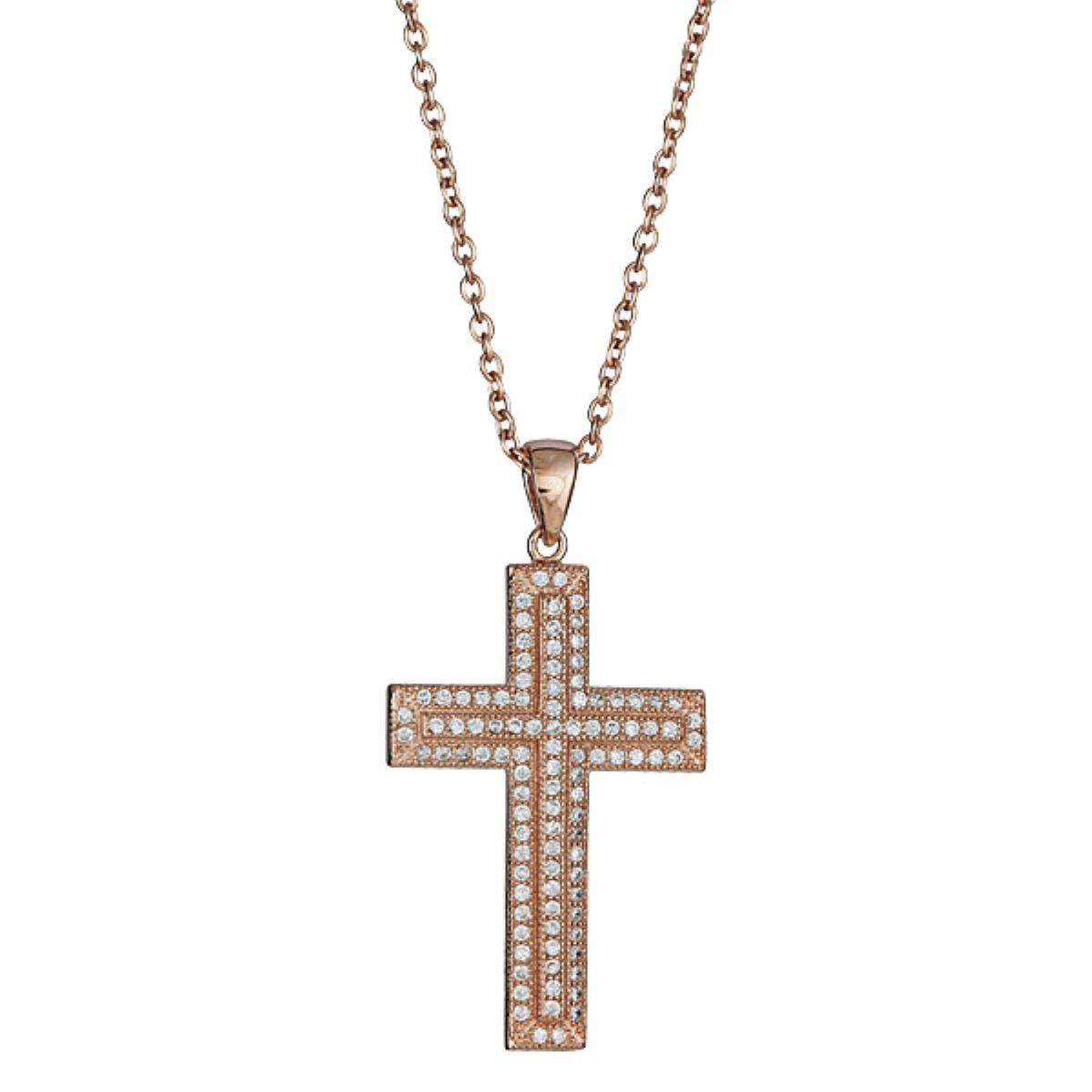 Sterling Silver Rose CZ Micropave Cross 18" DC Cable Chain Necklace