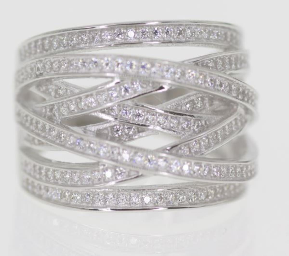 Sterling Silver Rhodium Micropave Criss Cross Fashion Ring