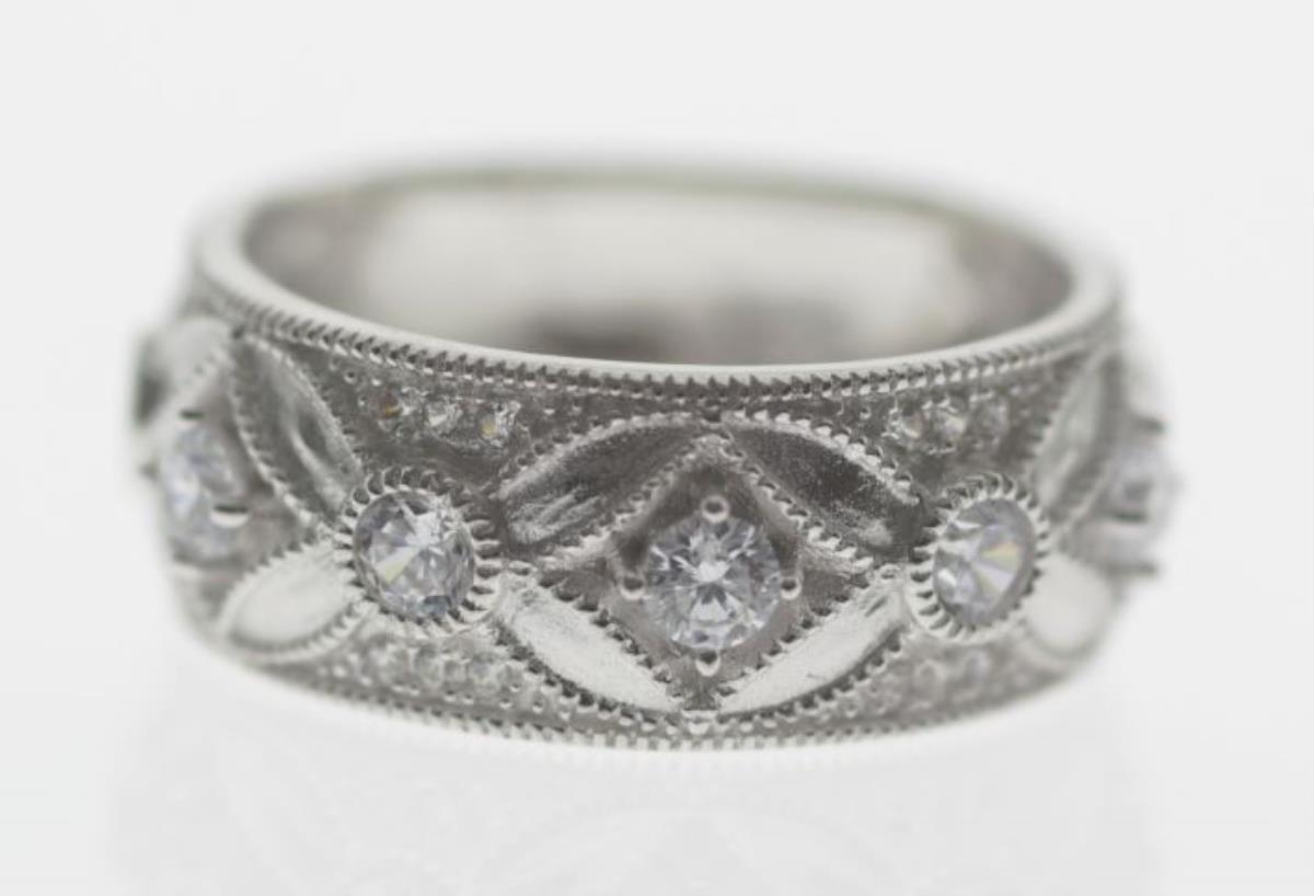 Sterling Silver Rhodium Satin Bezel Milgrain Vintage Floral Fashion Ring