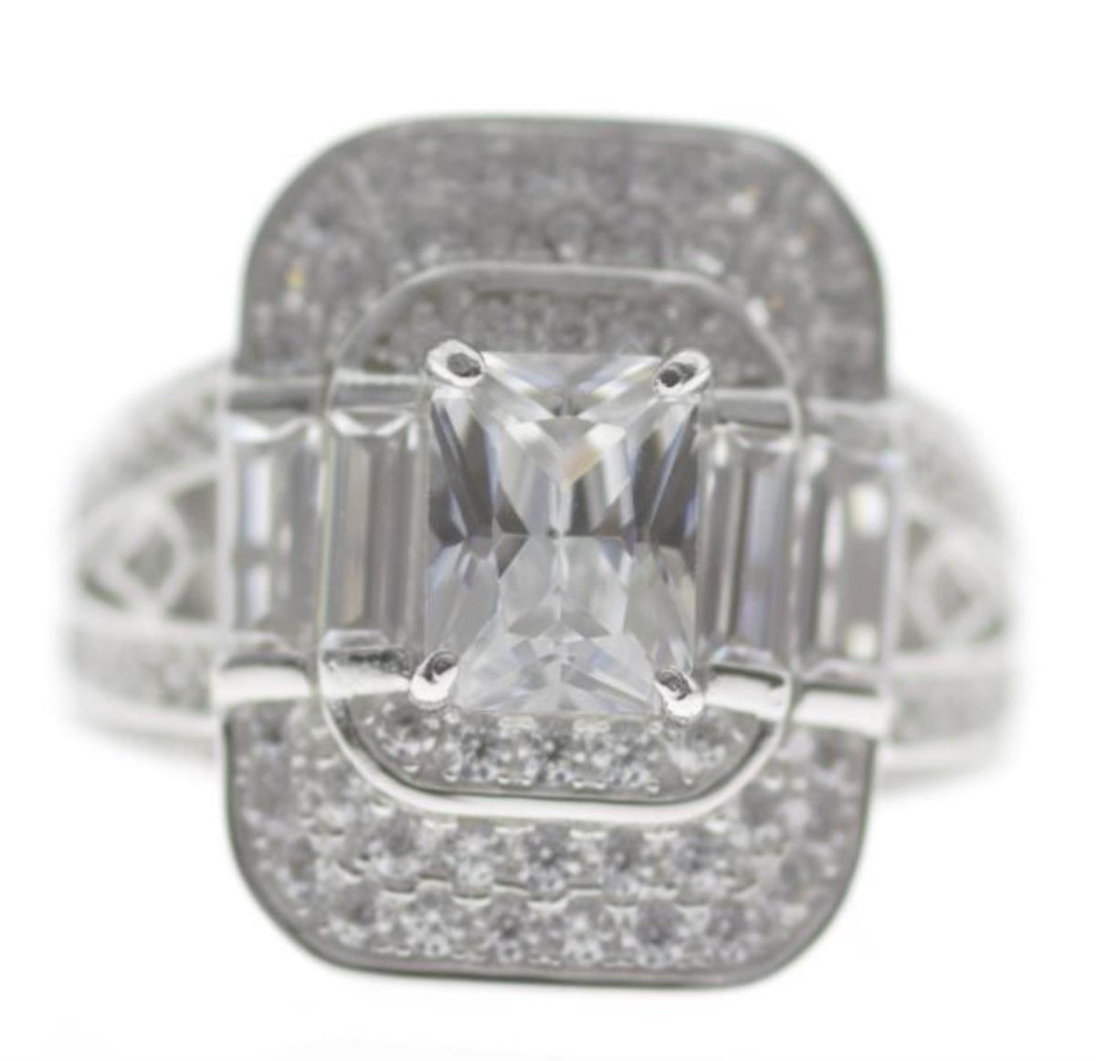 Sterling Silver Rhodium Rectangle Vintage Split Shank Engagement Ring