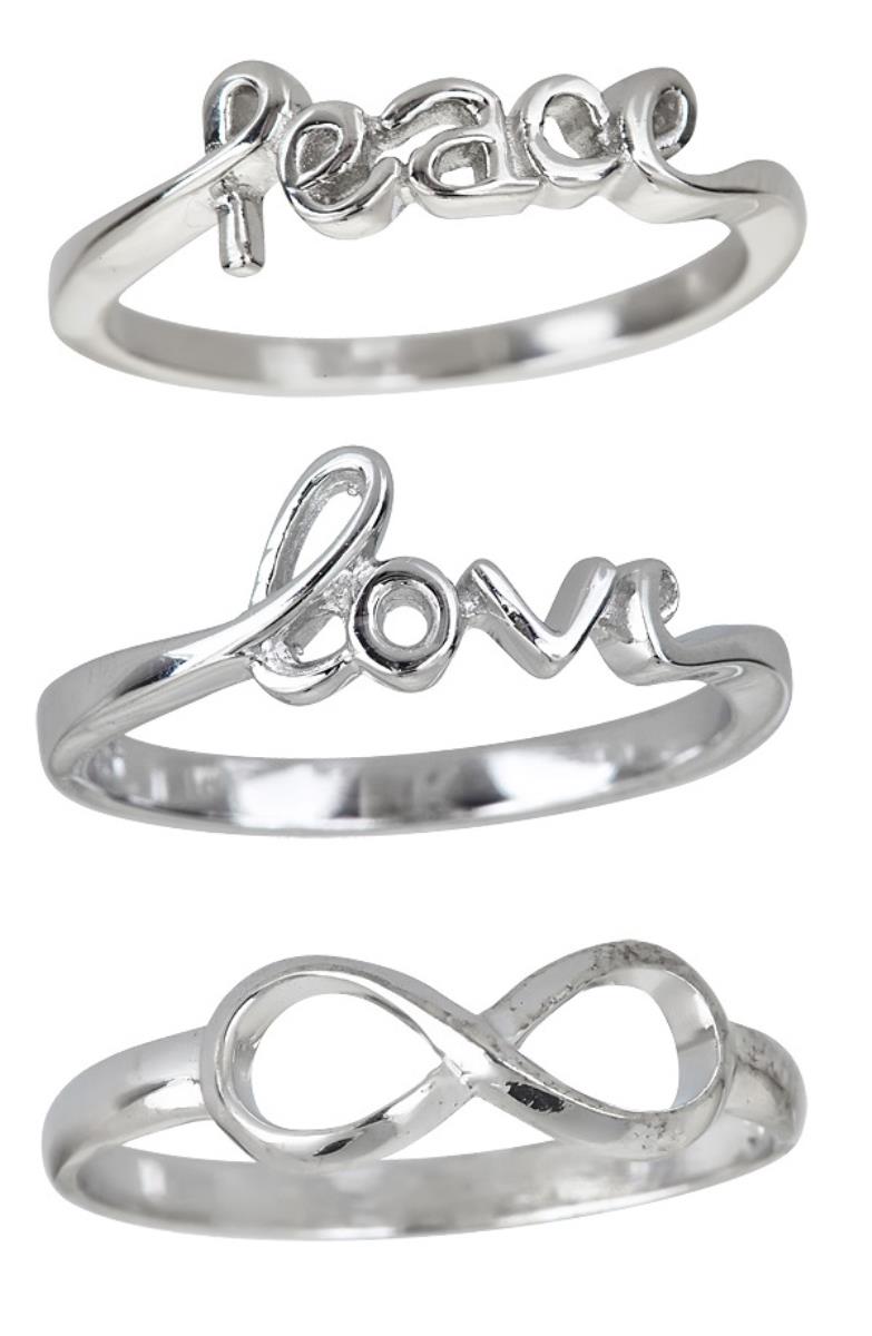 Sterling Silver Rhodium Peace, Love, Infinity Ring Set