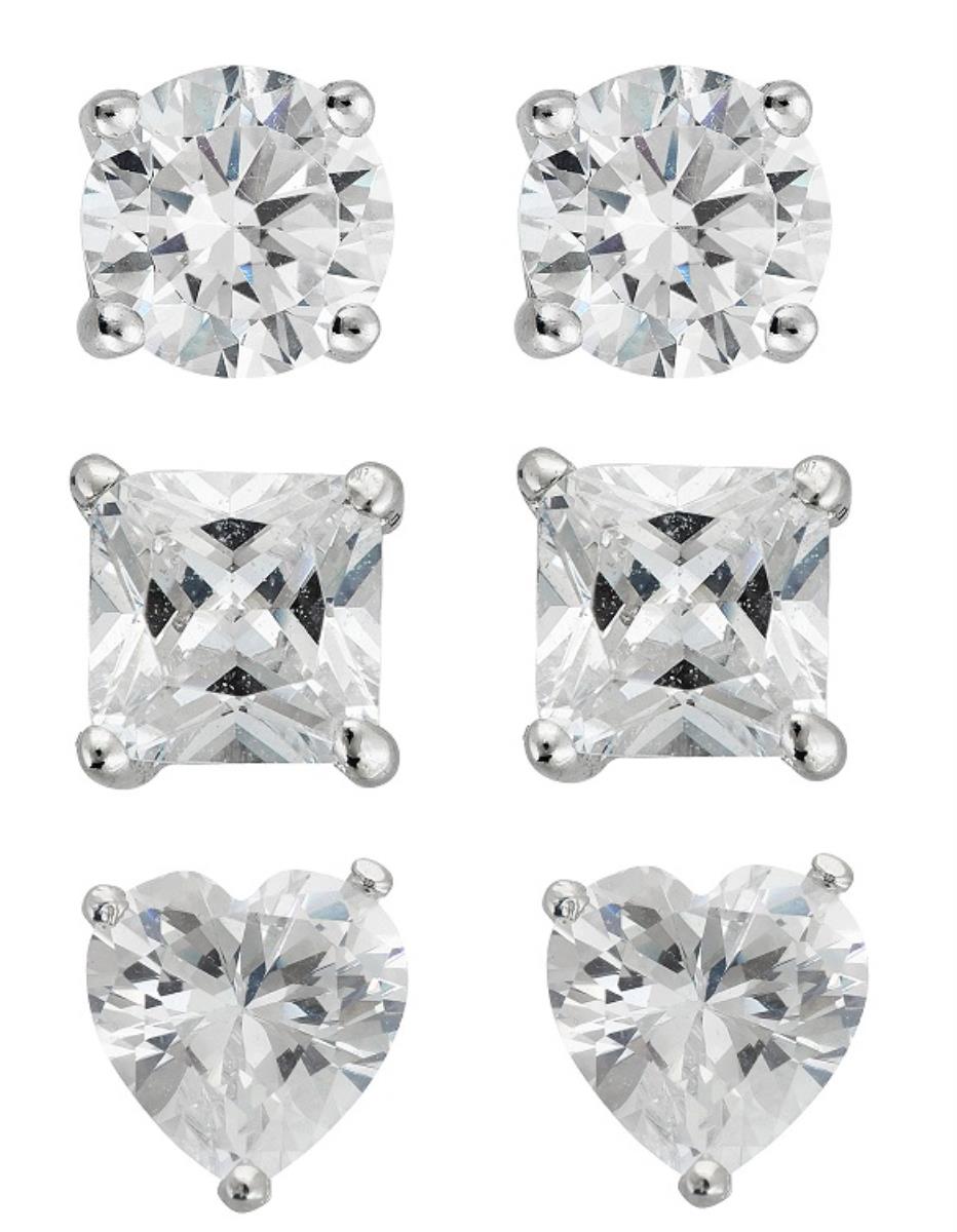 Sterling Silver Rhodium Square 4mm, Round 5mm, Heart 6mm Basket Solitaire Stud Earring Set