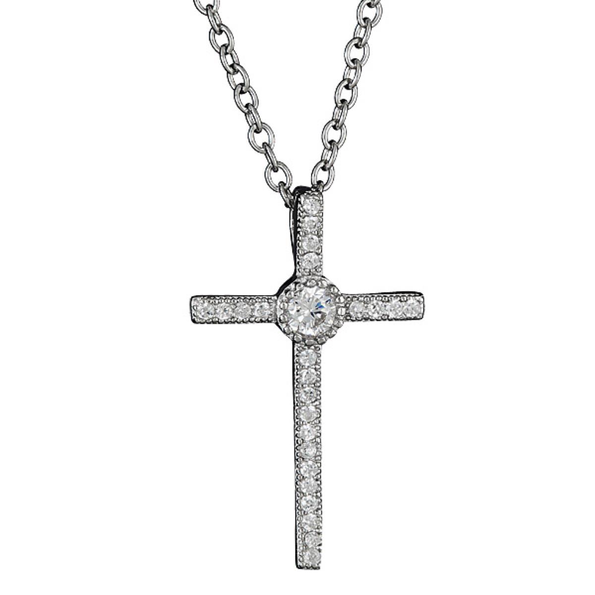 Sterling Silver Rhodium CZ Cross 18" Necklace