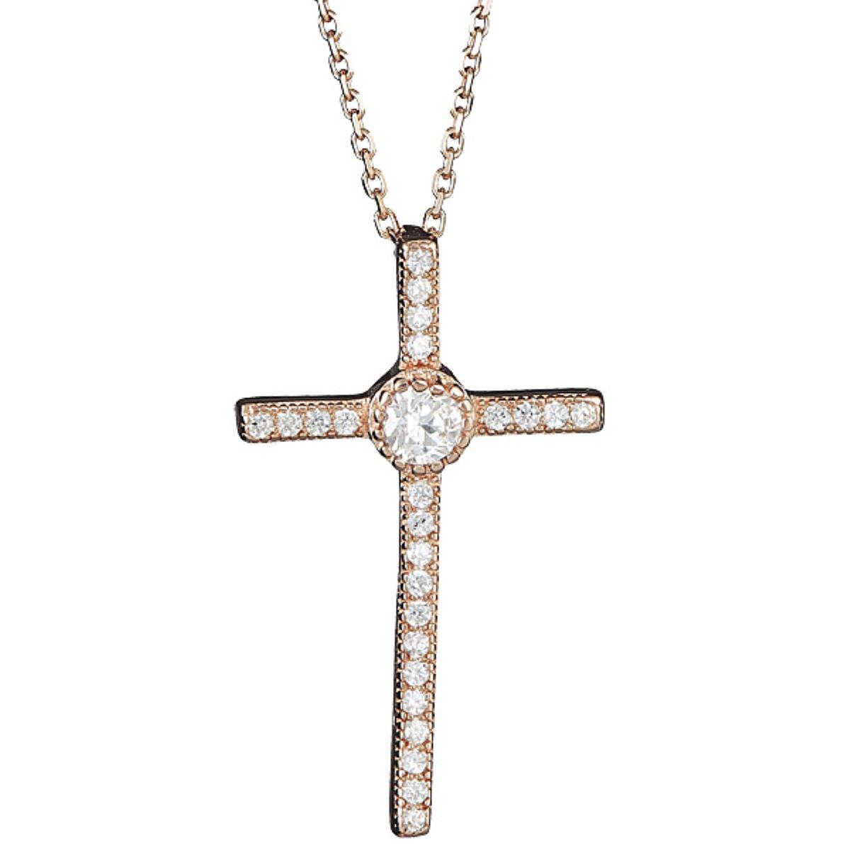 Sterling Silver Rose CZ Cross 18" Necklace