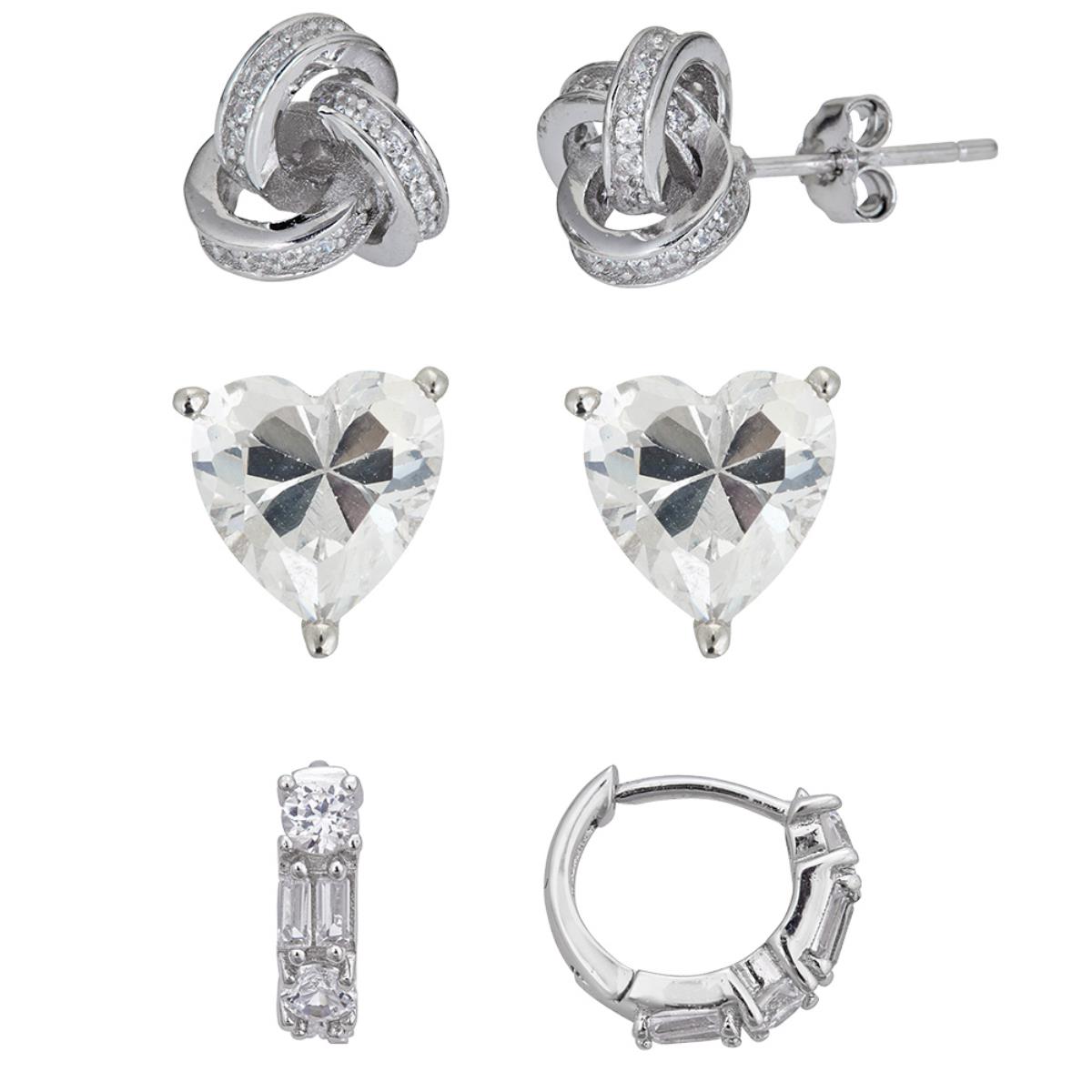Sterling Silver Rhodium 6mm Heart Solitaire, Love Knot and Hoop Earring Set
