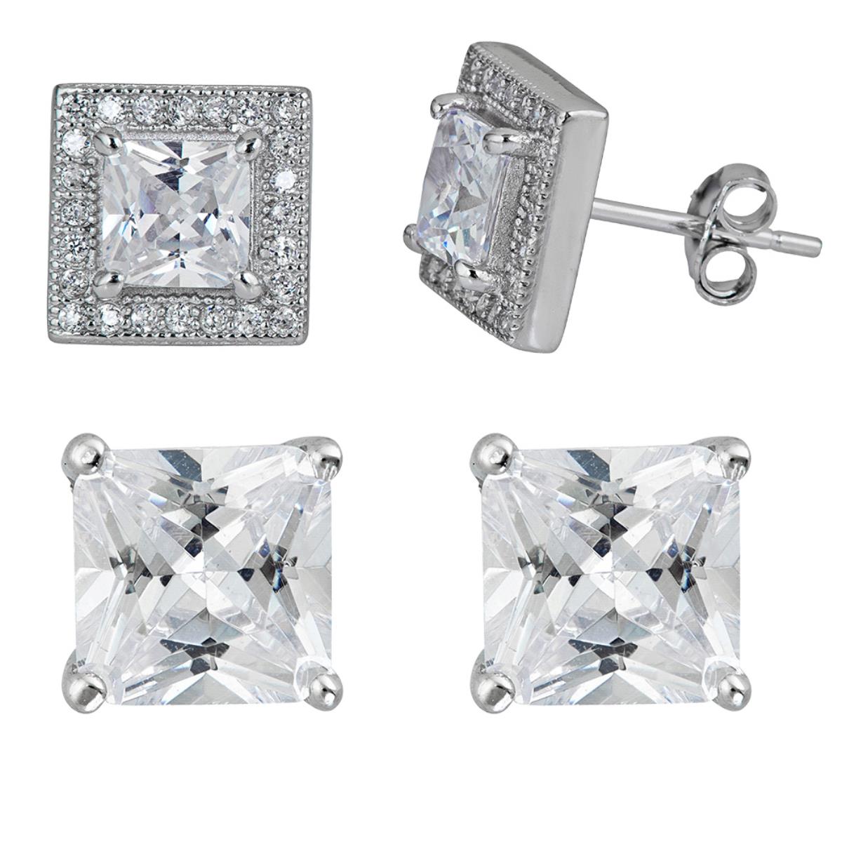 Sterling Silver Rhodium 5x5mm Square Solitaire and Square Halo Stud Set