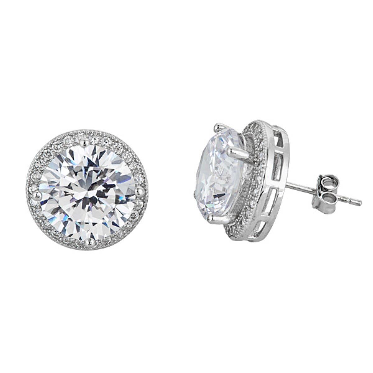 Platinum Plated Brass Large Round Cut Halo Stud Earrings