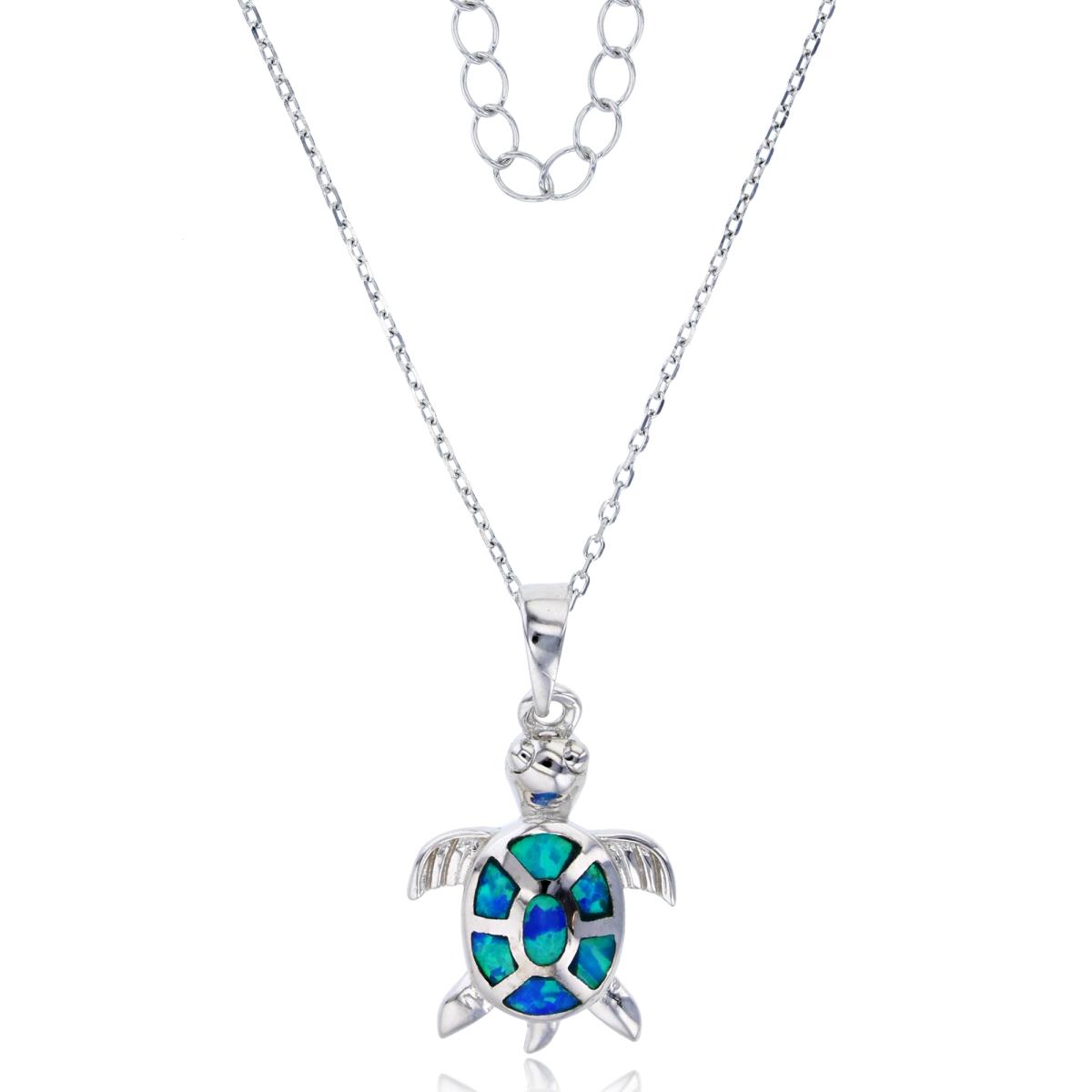 Sterling Silver Rhodium Created Opal Turtle 16