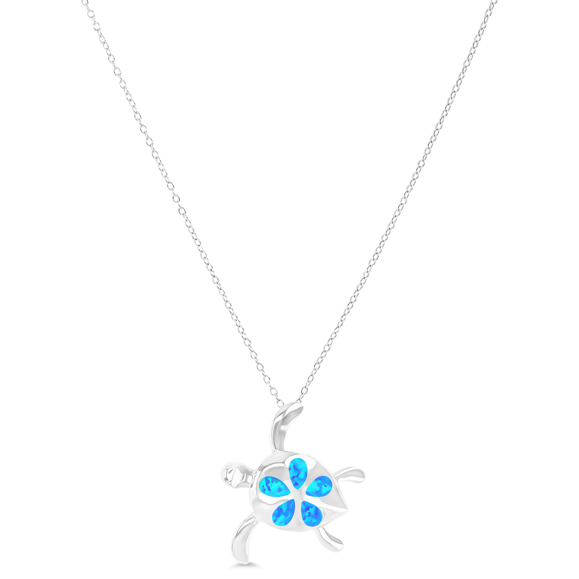 Sterling Silver Rhodium Created Opal Turtle 16